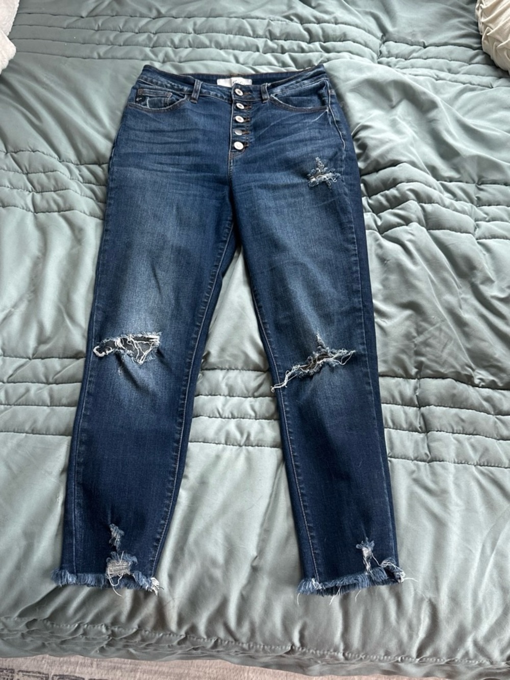 KanCan Dark Blue Distressed Button-Fly Ankle Jeans